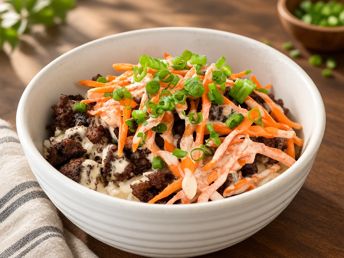 Korean-inspired ground beef rice bowl topped with matchstick carrots, sliced green onions, and creamy ginger-garlic sauce in a white bowl